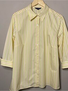 Lands’ End Button Front Shirt Women Size 20W Yellow Green Pink Stripe Office
